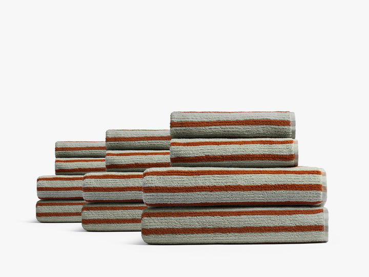 6+6 Organic Resort Stripe Bath Bundle - Sage with Russet
