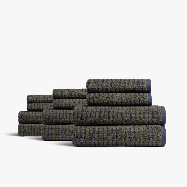 6+6 Organic Ladder Stripe Bath Bundle - Moss and Dusk