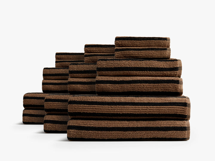 6+6 Organic Resort Stripe Bath Bundle - Camel with Soft Black