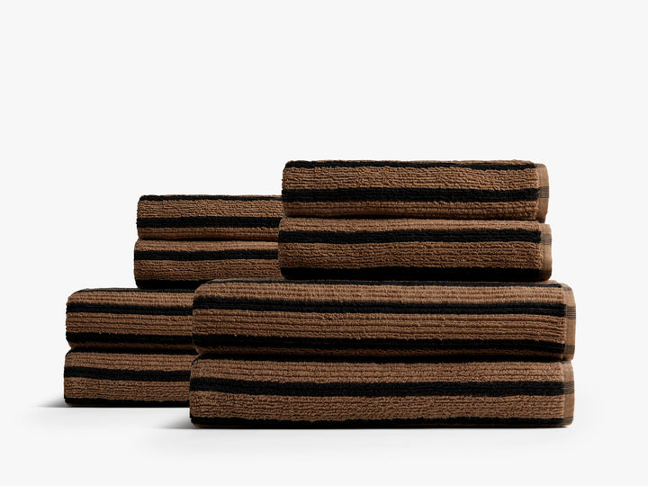 4+4 Organic Resort Stripe Bath Bundle - Camel with Soft Black