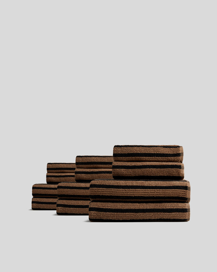 6+6 Organic Resort Stripe Bath Bundle - Camel with Soft Black