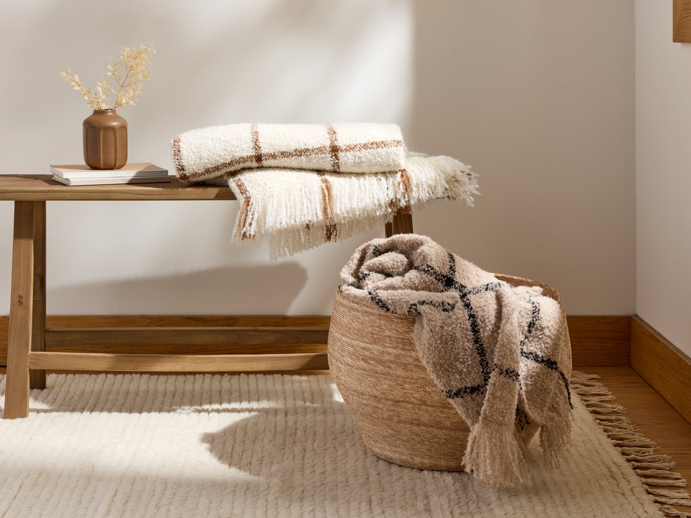 Alpaca Boucle Windowpane Throw - FINAL SALE (Cream with Tobacco