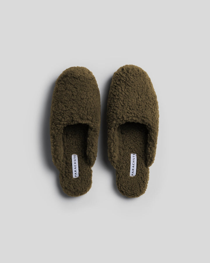 Shearling Wool Lounge Slippers (Olive)