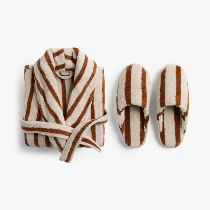 Terry Stripe Robe & Slipper Bundle - Bone and Tobacco