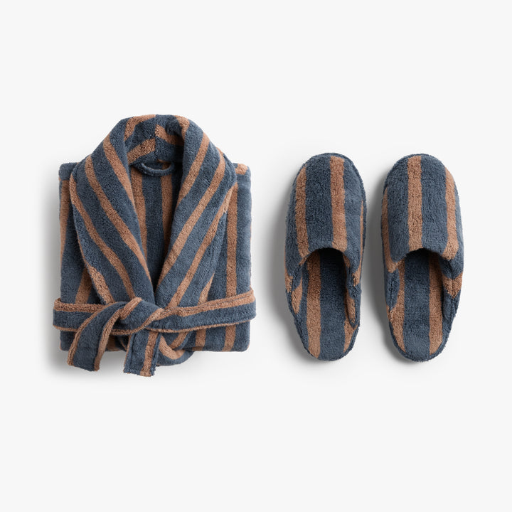 Terry Stripe Robe & Slipper Bundle - Dusk and Adobe
